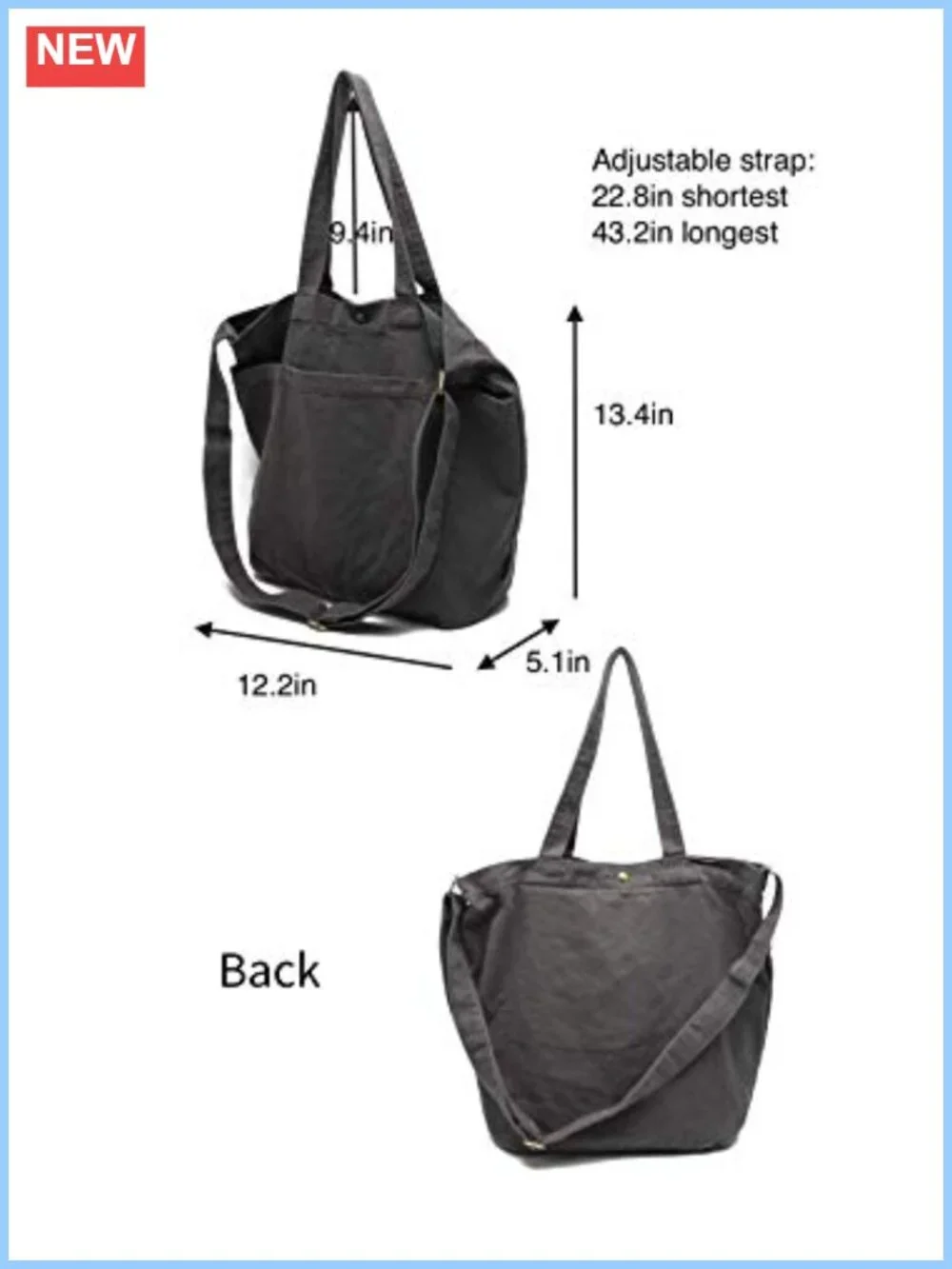Washed Canvas Tote Bag for Women, Crossbody Shoulder Bag, 3 Pockets